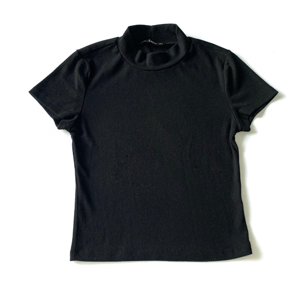 Vintage Black Ribbed Short Sleeve Mock Turtle Neck Top